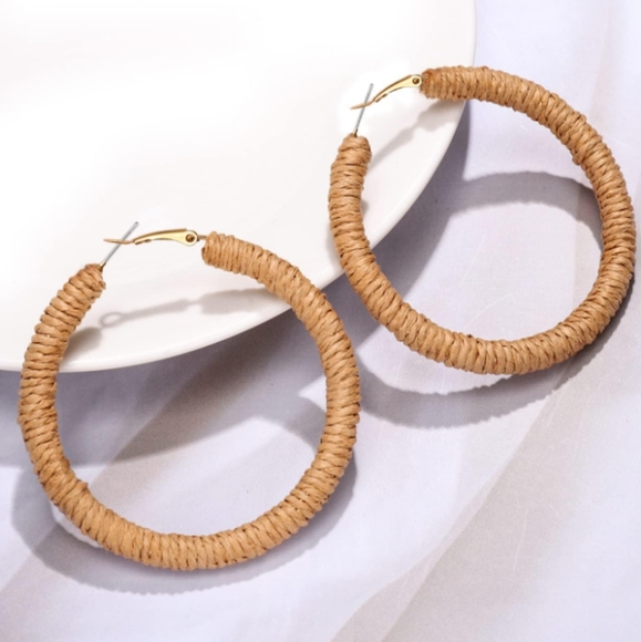 Wicker Rattan Hoops Oversized Statement Earrings Big Botanical Bohemian Hoop - Picture 4 of 5